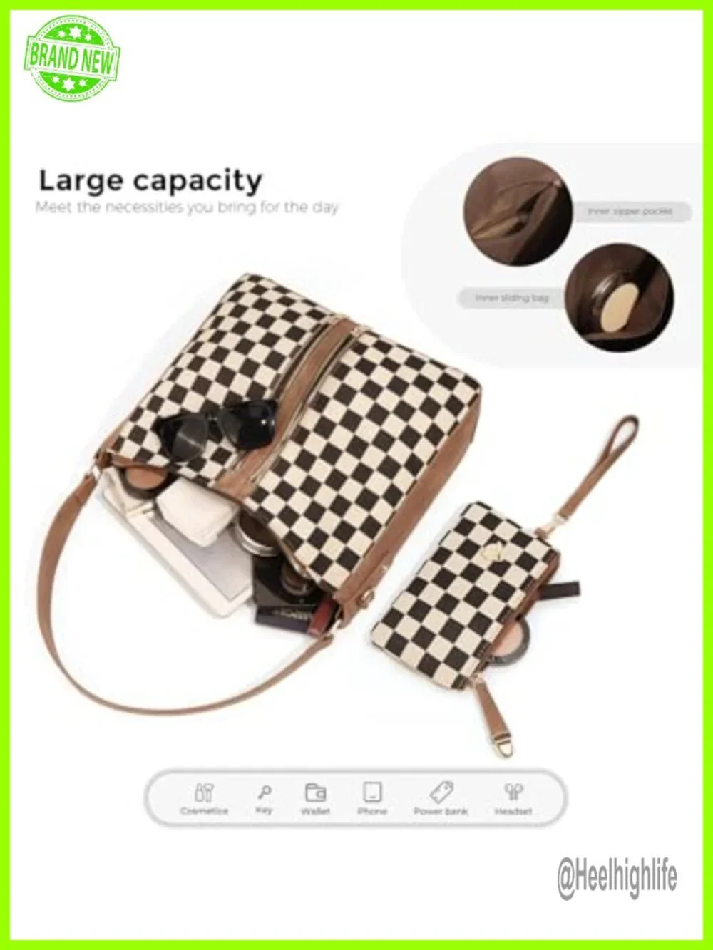 PU Leather Canvas Checkered Hobo Handbag Tote Crossbody Bag Adjustable Strap